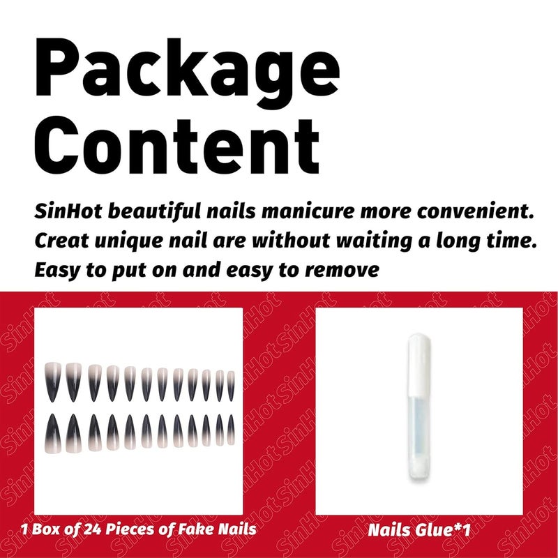 SINHOT Stiletto Press on Nails Extra Long Fake Nails with Glue Glossy False Nails with Black Gradient Designs Full Cover Almond Acrylic Nail 24pcs - Image 5